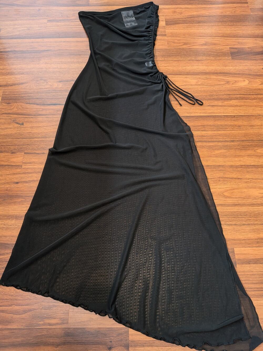 Bear Dance Black Sheer Mesh Ruched Maxi Dress Cover-Up Size Small NWT Rave Party